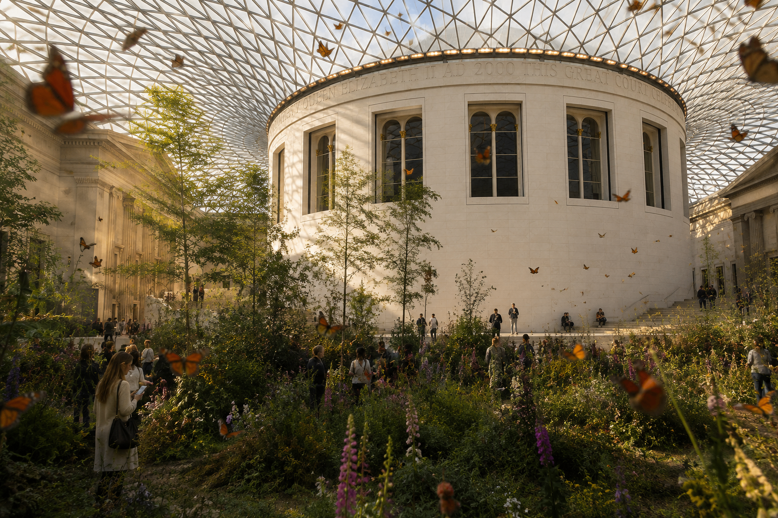A dreamlike garden blooming beneath the glass lattice of the British Museum Great Court, with monarch butterflies drifting through shafts of late afternoon light