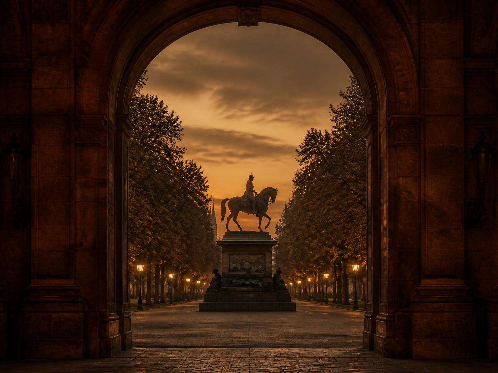 View through a stone arch onto a lamplit avenue and equestrian statue at sunset