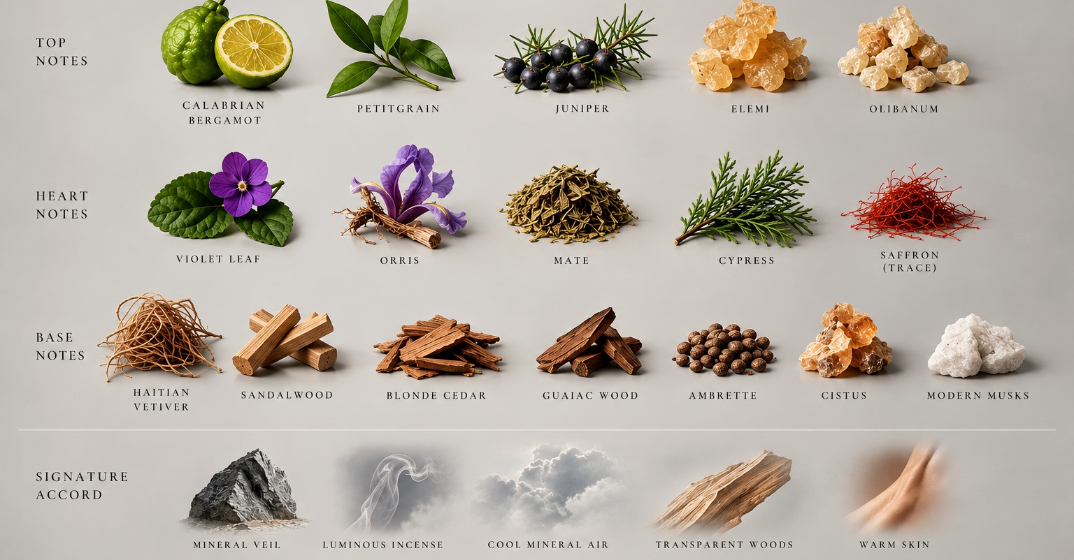 The materials of ÉVREN laid out in rows: top notes of Calabrian bergamot, petitgrain, juniper, elemi and olibanum; heart notes of violet leaf, orris, maté, cypress and saffron; base notes of Haitian vetiver, sandalwood, blonde cedar, guaiac wood, ambrette, cistus and modern musks; and the signature mineral accord.