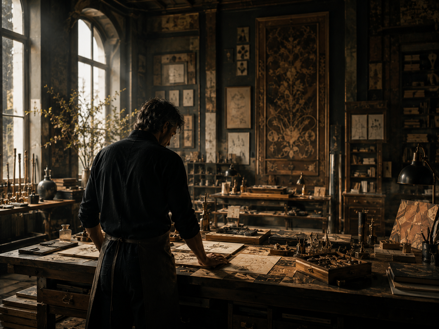 A craftsman at a long workbench in a candlelit atelier, marquetry panels and antique tools around him