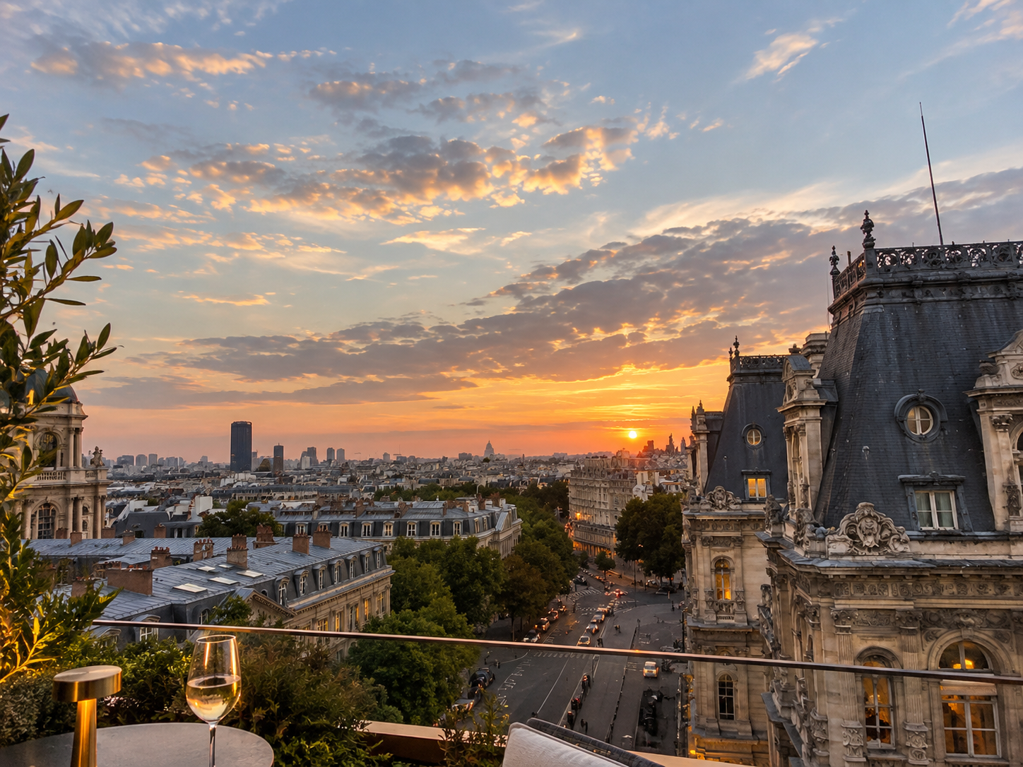 Paris rooftops at sunset seen from a terrace above the Marais, a glass of wine on the table in the foreground