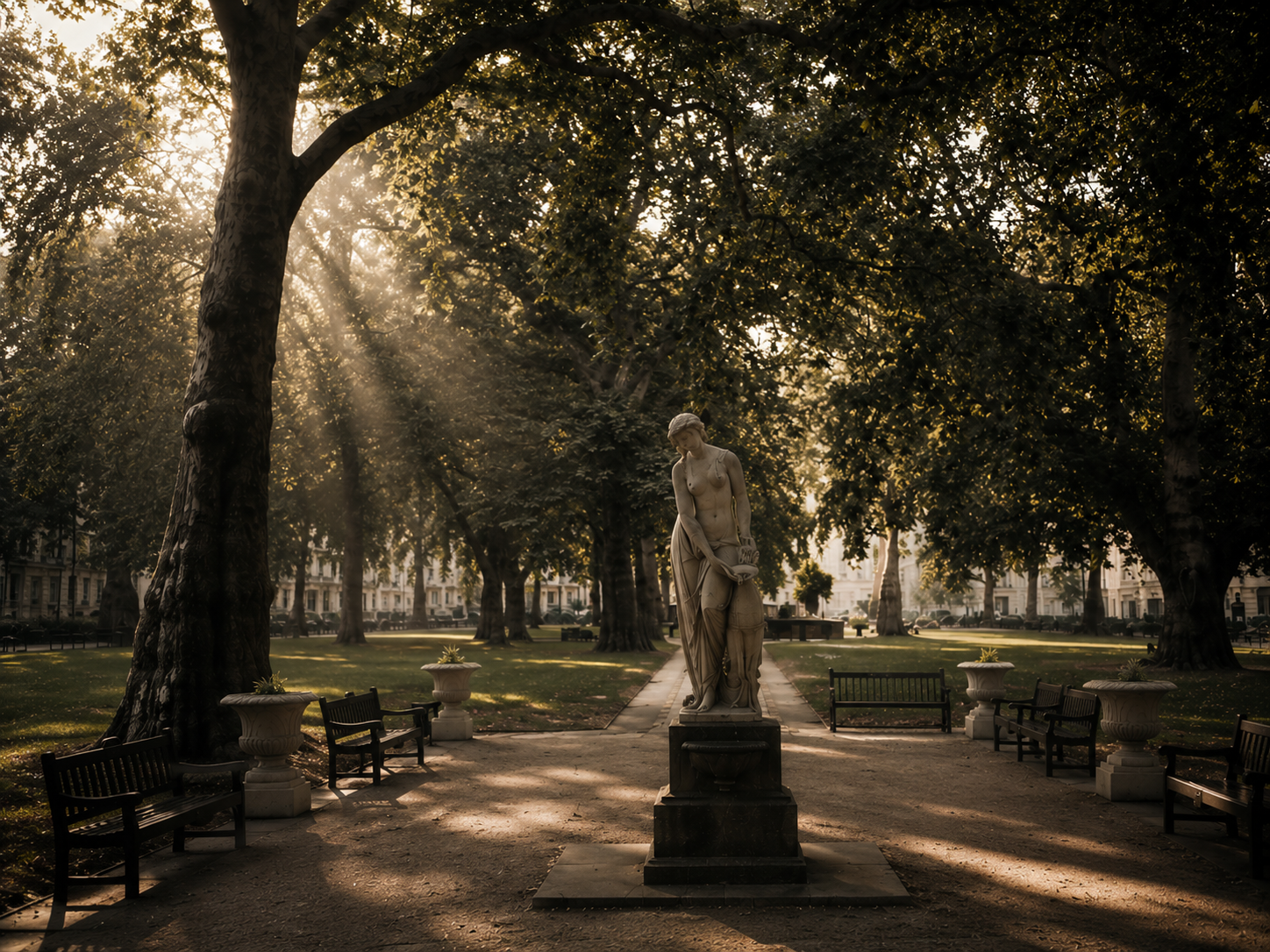 A weathered marble statue of a draped figure standing on a plinth in a London square at golden hour, framed by tall plane trees with sunlight breaking through the canopy