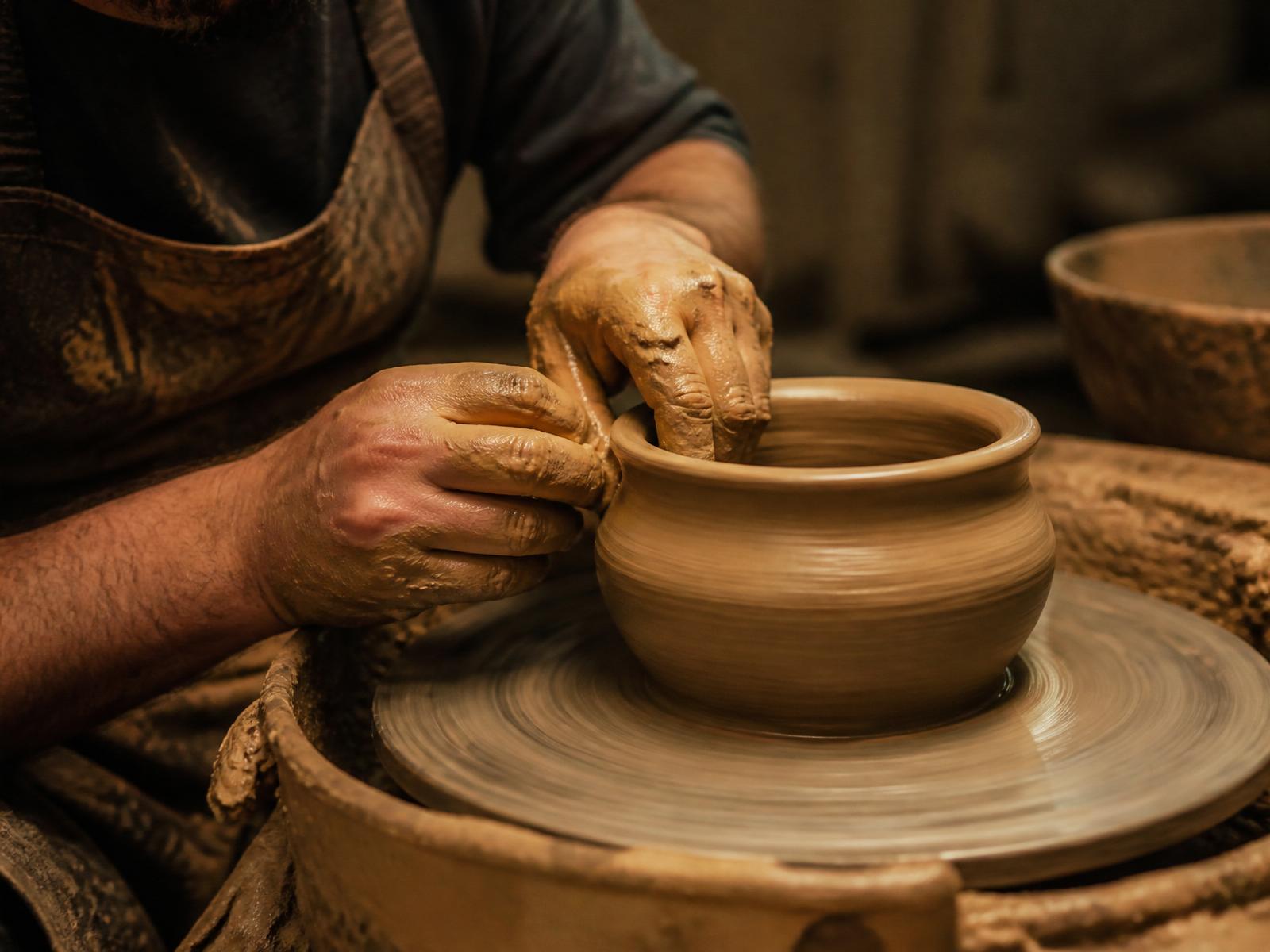 Potter shaping clay on a wheel