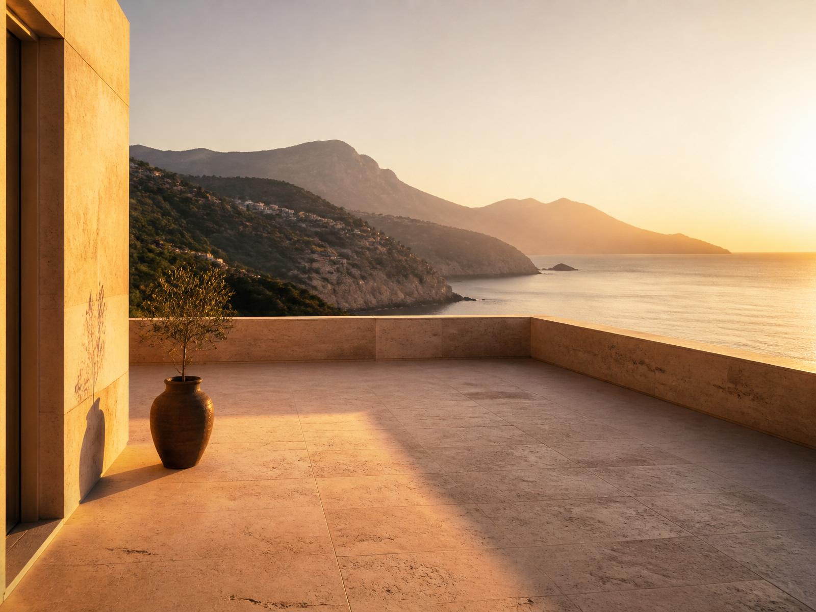 Stone terrace at golden hour above the sea