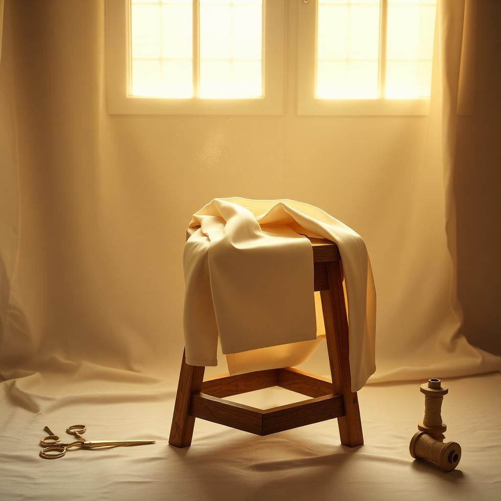 Hand-tailored ivory silk garment draped over an oak atelier stool in warm window light
