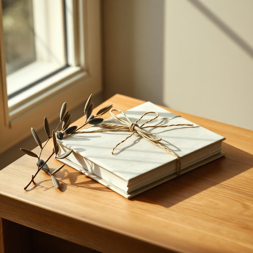 Linen-bound book wrapped in glassine and tied with fine twine, resting in warm window light