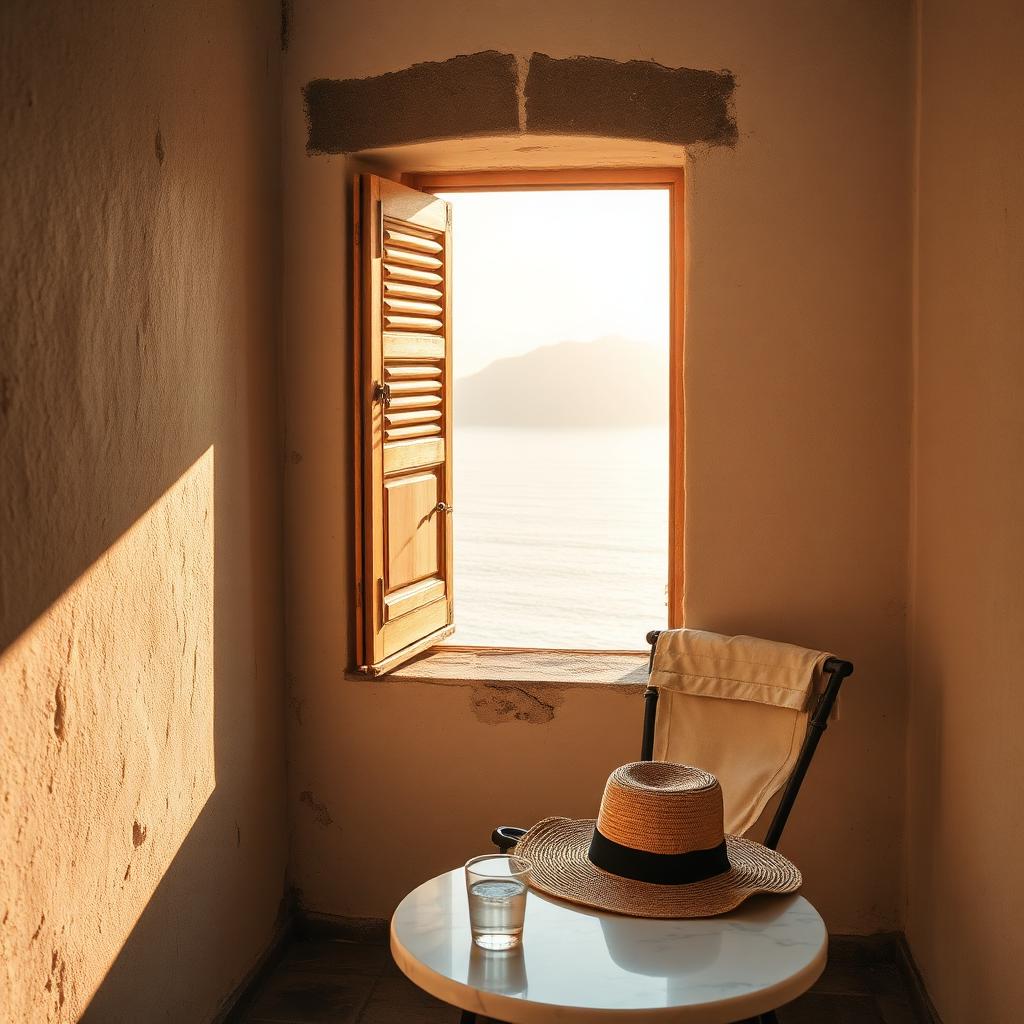 Sunlit stone terrace on the Amalfi coast with an open shutter framing a hazy sea