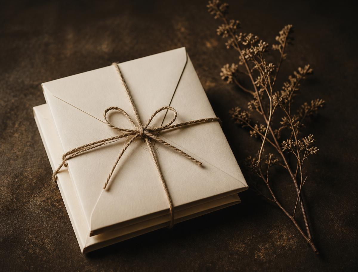 Stack of cream envelopes tied with twine beside a dried branch
